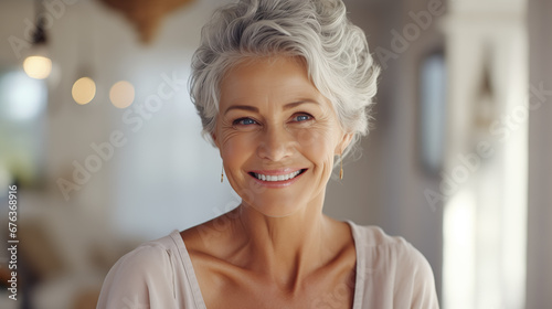Confident elderly senior model with grey hair, smiling happy female lady in close-up portrait | Generative AI