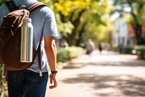 metal tumbler on bag pack carried by a student.