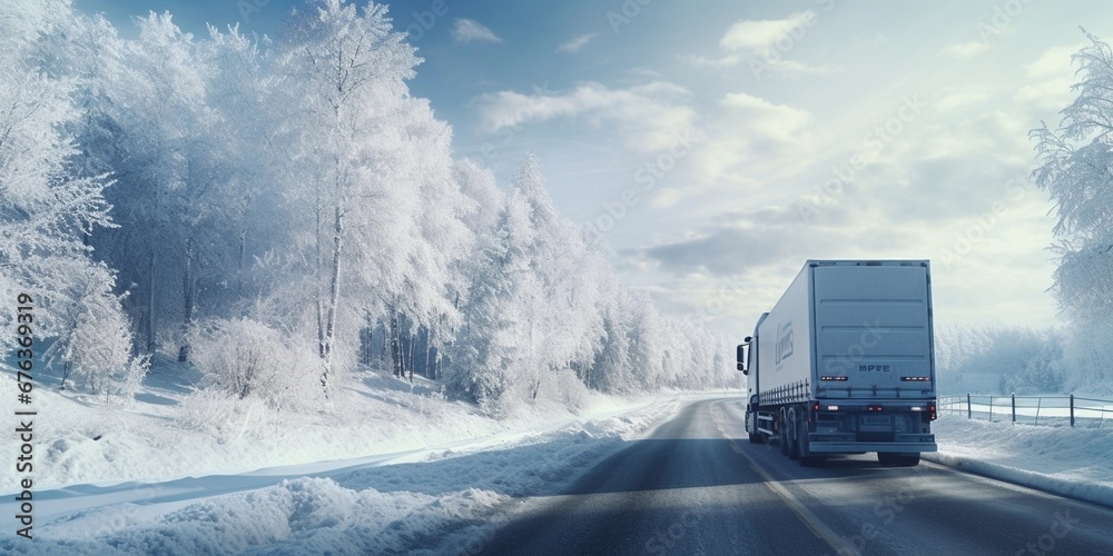 back view of single truck on road to mountain, winter