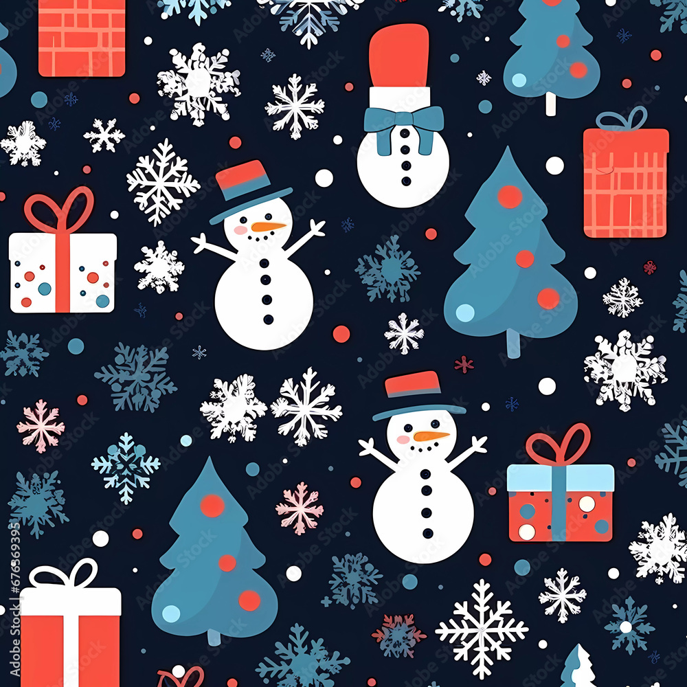 Dark blue Christmas seamless pattern background snowman with christmas tree ,giftbox and snowflake.