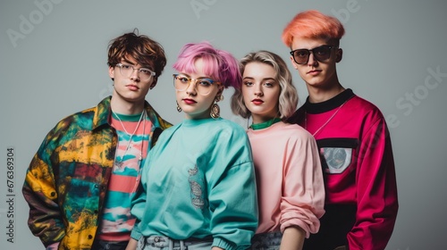  young people dressed in 90's style, grey background