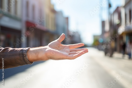 One open palm on blury street background. photo