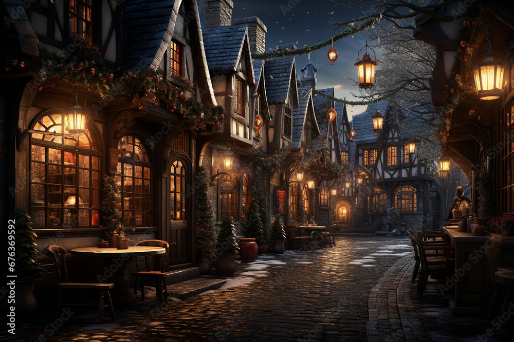 Beautiful houses decorated for Christmas. Christmas decorations and lanterns on a snowy street, winter seasonal decor