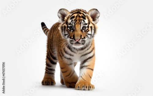 Cute little yellow tiger cub on a white background