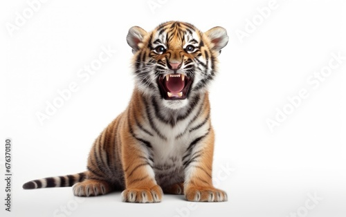 Cute little yellow tiger cub is sitting and has its fangs open on white background.
