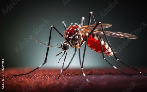 Aedes aegypti mosquito with a belly full of blood drilling and sucking blood from animal skin.