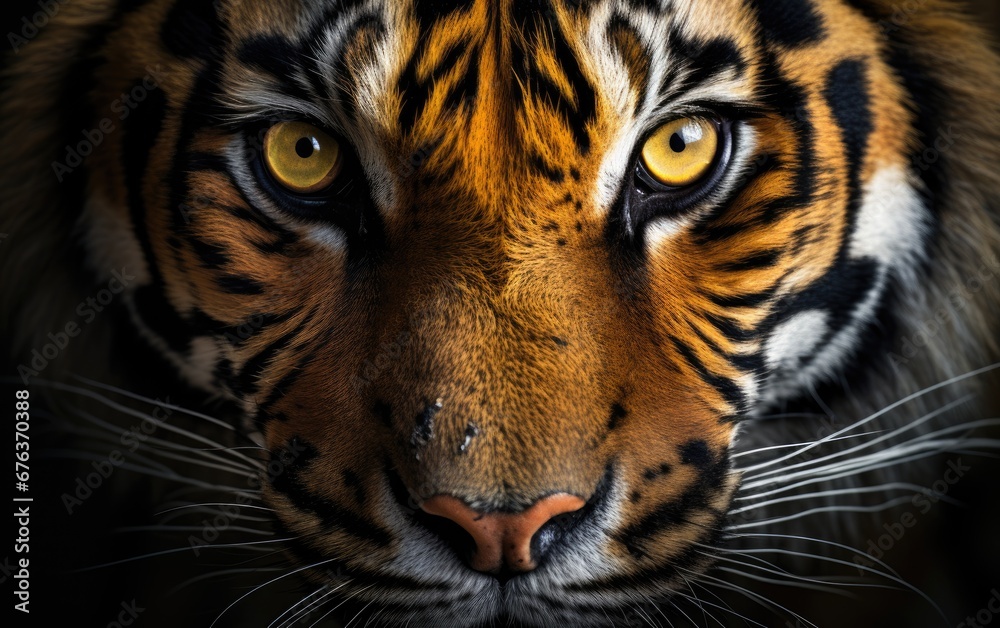 Obraz premium Wildlife tiger striped photography, Headshot tiger on black background.