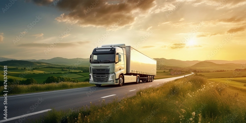 front view of single truck on road to mountain, sunny day