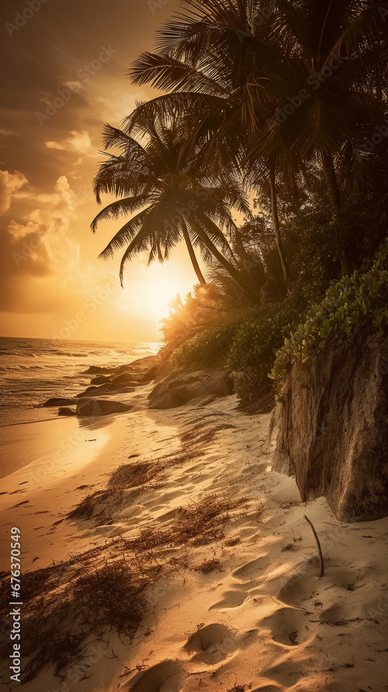 Palm trees cast long shadows on the sandy shore. AI generative