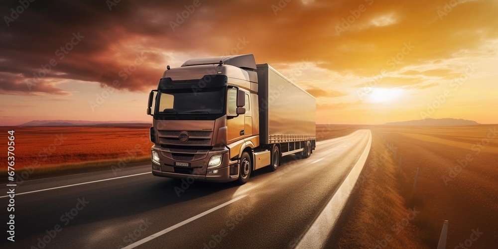 front view of single truck on road to mountain, sunny day