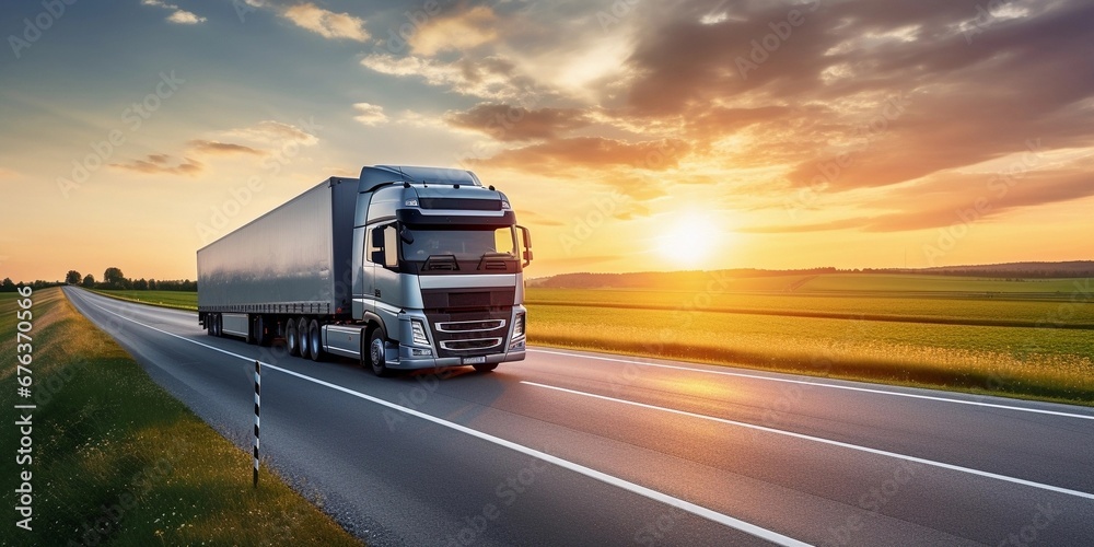 front view of single truck on road to mountain, sunny day