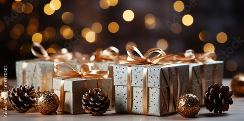 Christmas concept composition. Golden Gift Boxes with cones on a Sparkling Background