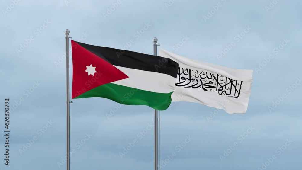 Jordan flag and Afghanistan flag waving together on cloudy sky, endless seamless loop
