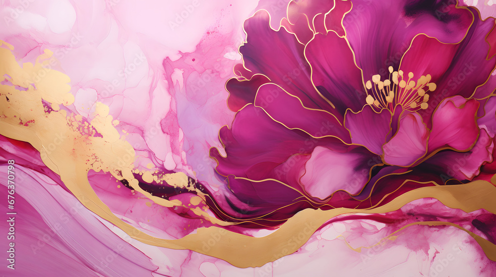 Fuchsia and gold colors, art painting, geode artist work of art