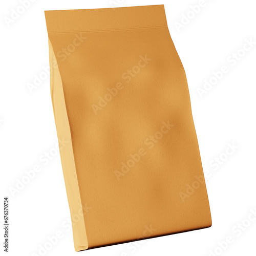 Brown pouch bag coffee beans branding isolated 3D rendering. Merchandise packaging logo design mockup. Blank paper tea food snack sachet pack product template. Shop delivery promo sale demonstration.