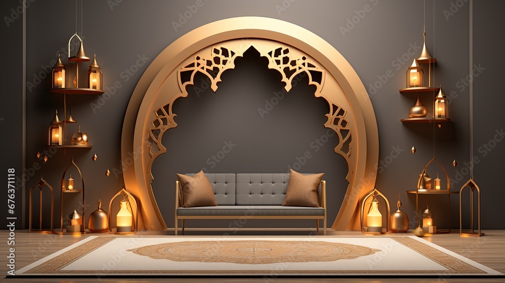 podium background. Ramadan holiday minimalism style . arabic design with shades of beige gold colors.ai generated