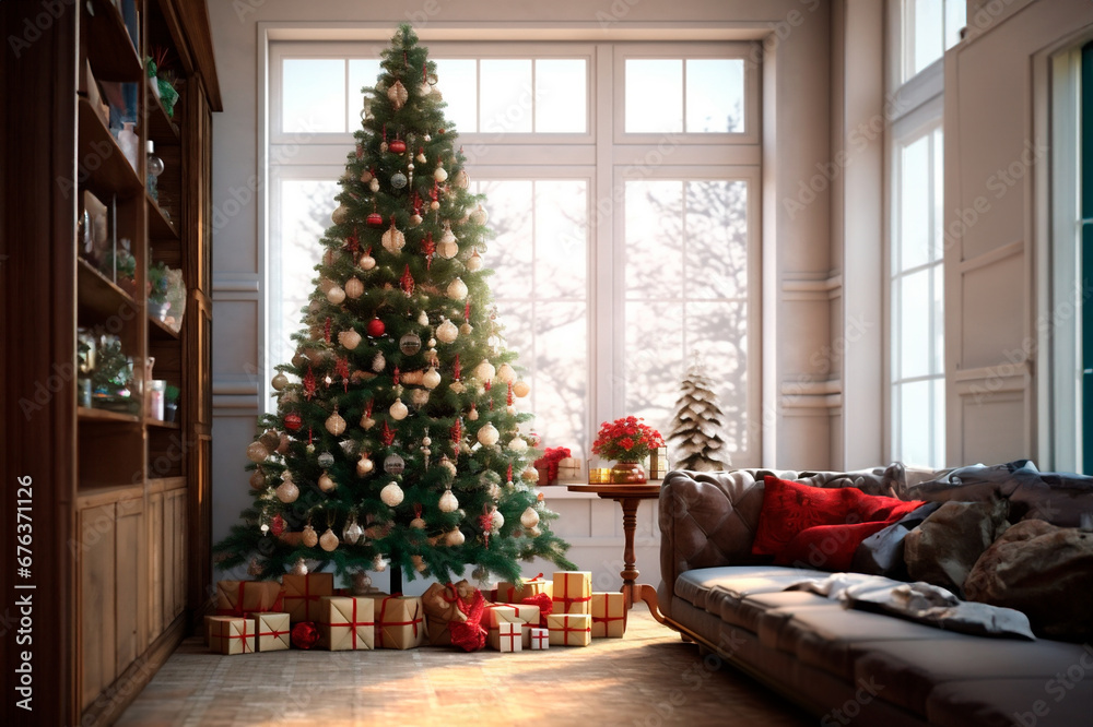interior of a country house decorated with a Christmas tree on the eve of the holiday. large spacious bright room.
