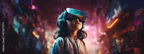 Child girl wearing virtual reality headset inside the metaverse. Abstract digital world. Virtual reality or augmented reality world simulation. VR and AR technology futuristic concept