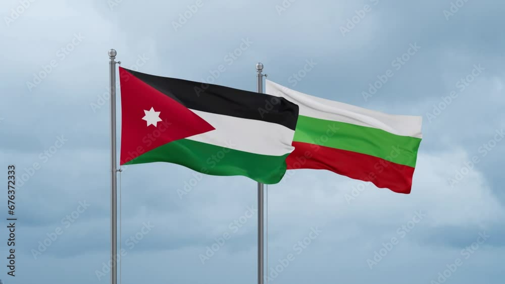 Bulgaria flag and Jordan flag waving together on cloudy sky, endless seamless loop, two country relations concept Bulgaria flag and Jordan flag waving together on cloudy sky, endless seamless loop, two country relations concept