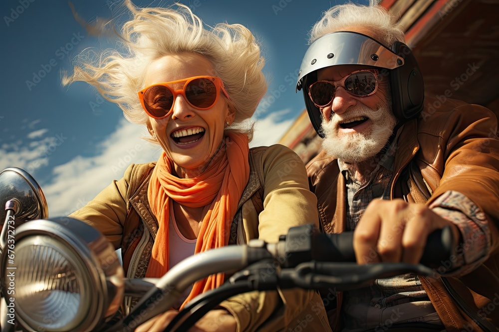 senior couple with glasses on a motorcycle