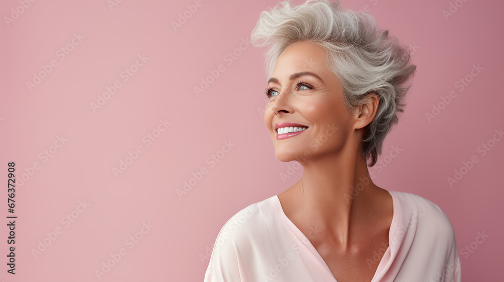Confident elderly senior model with grey hair,  mature happy smiling female lady in colorful close-up portrait - obrazy, fototapety, plakaty 