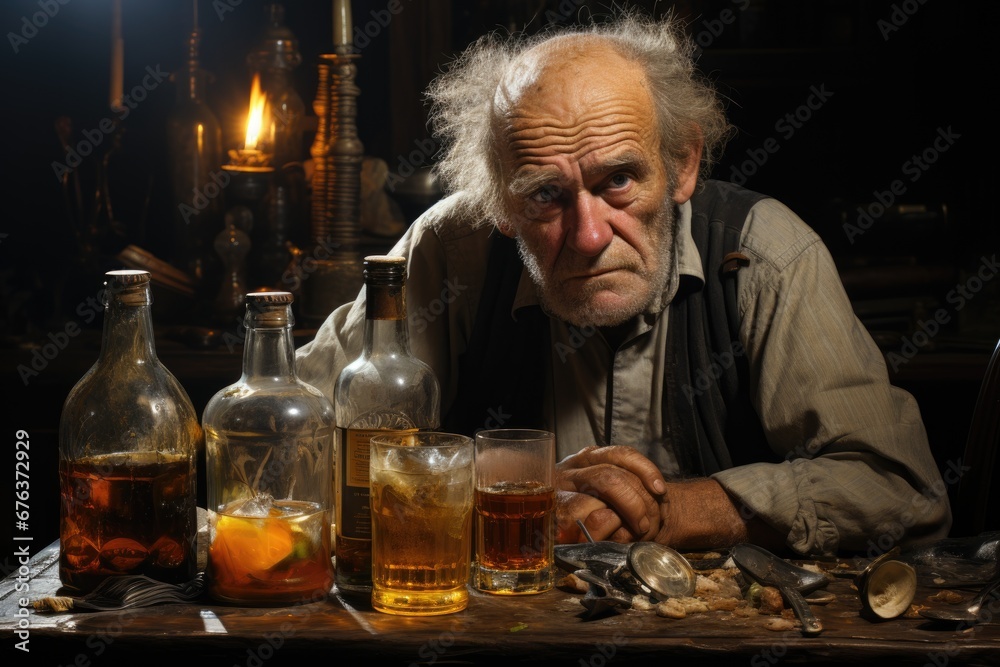 Sad and depressed elderly man with many bottles and glasses. Sad and depressed elderly man with many bottles and glasses.