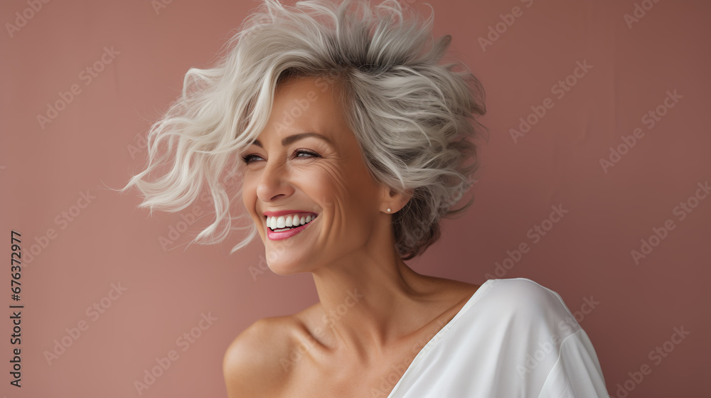 Confident elderly senior model with grey hair, mature happy smiling female lady in colorful close-up portrait | Generative AI Confident elderly senior model with grey hair, mature happy smiling female lady in colorful close-up portrait | Generative AI