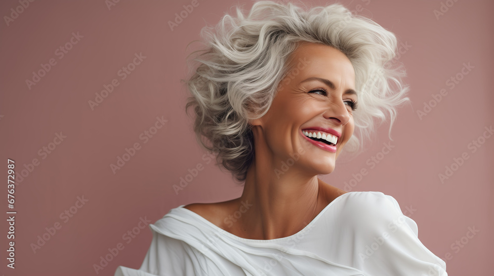 Confident elderly senior model with grey hair,  mature happy smiling female lady in colorful close-up portrait | Generative AI
