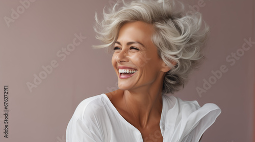 Confident elderly senior model with grey hair, mature happy smiling female lady in colorful close-up portrait | Generative AI