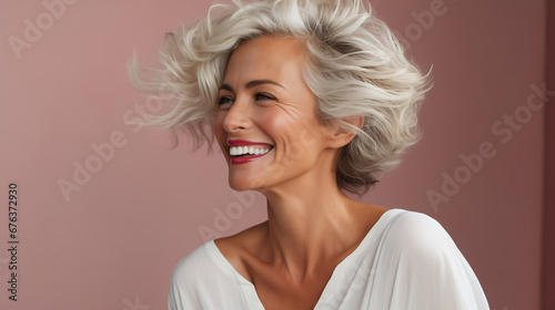 Confident elderly senior model with grey hair, mature happy smiling female lady in colorful close-up portrait | Generative AI