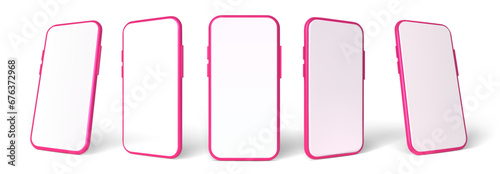 Pink smartphone mockup in 3D Style. Vector template set. Mobile phone front view on the white background.