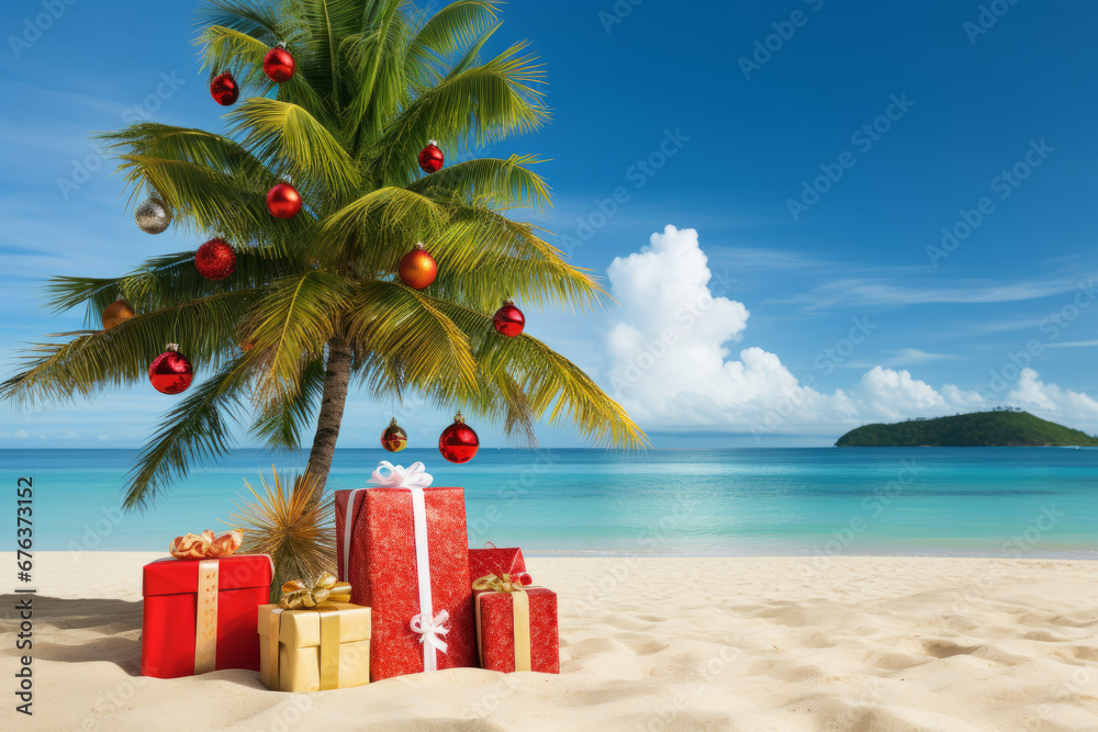 Fototapeta premium A decorated christmas tree on a tropical beach. Seasonal festive winter travel vacation