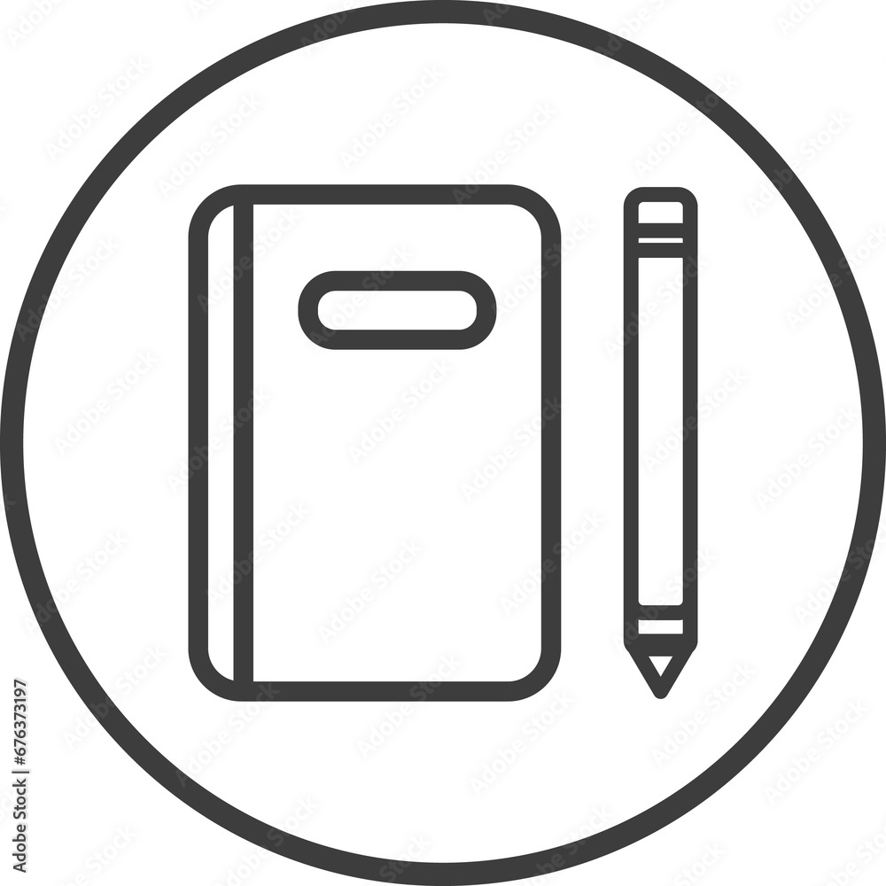 Notebook icon in thin line black circle frames. Notebook icon in thin line black circle frames.