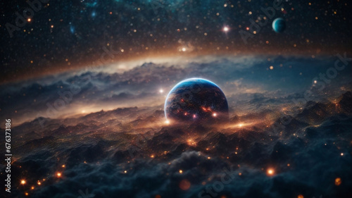 Stars and galaxies, other worlds, cosmic dust, gas clouds, nebula. Flares, constellations. Deep space.