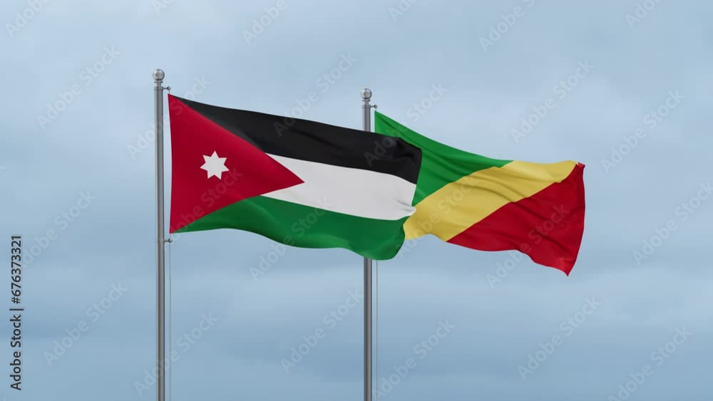 Republic of the Congo flag and Jordan flag waving together on cloudy sky, endless seamless loop, two country relations concept
