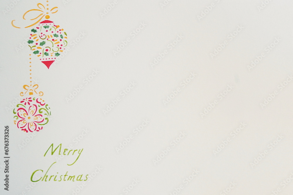 Left Border of Two Red and Green Stenciled Christmas Ornaments and Merry Christmas Words on White