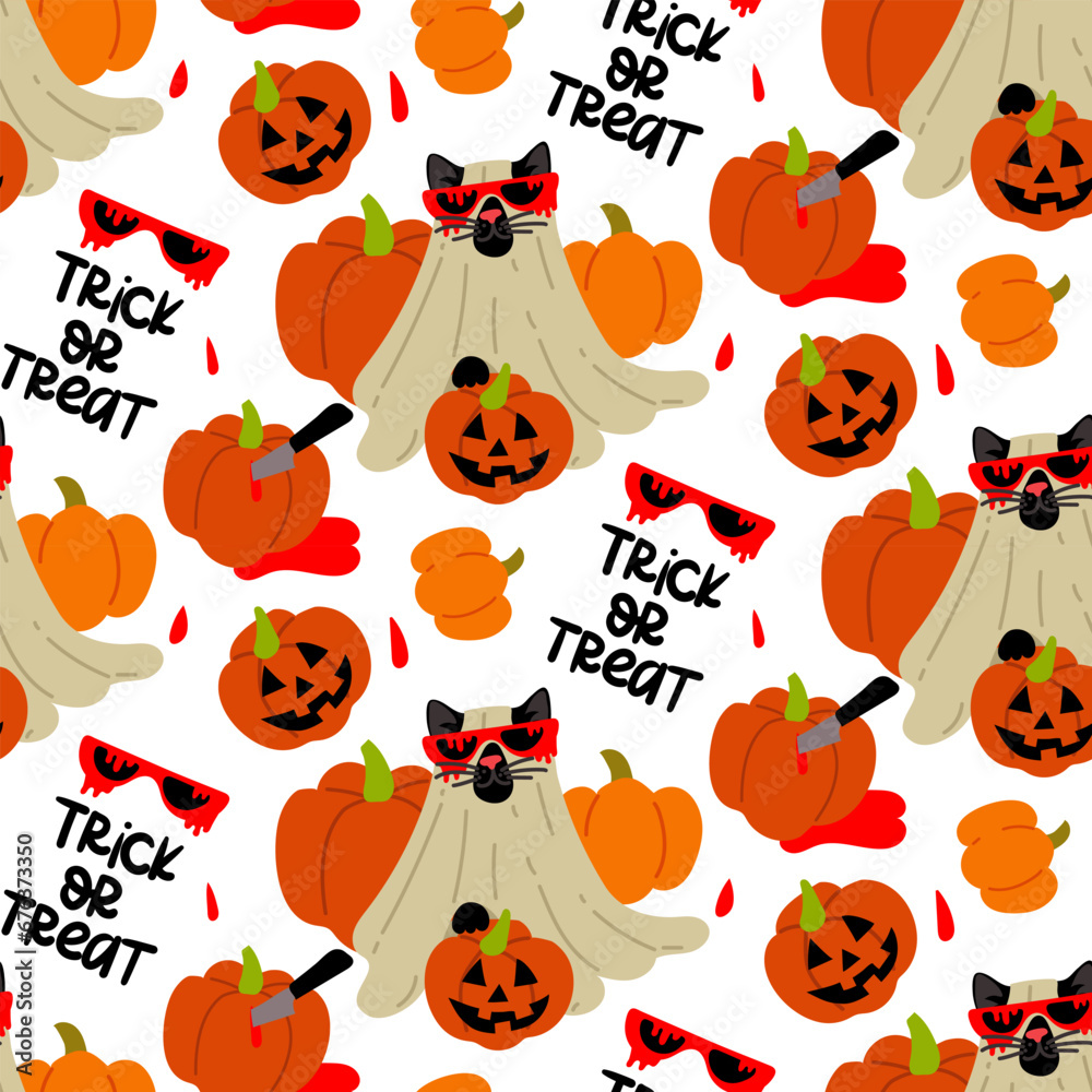 A pattern of a cat in a Halloween sheet with a dead pumpkin and bloody glasses on a white background. A black cat with glasses with bloody smudges. Flat vector illustration. Text trick or treat A pattern of a cat in a Halloween sheet with a dead pumpkin and bloody glasses on a white background. A black cat with glasses with bloody smudges. Flat vector illustration. Text trick or treat