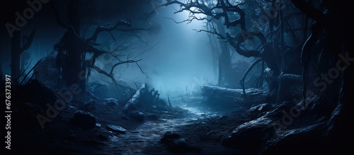 A moonlit foggy forest with artistic bokeh effects.