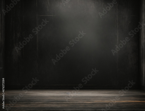 black empty room with wooden floor, copy space