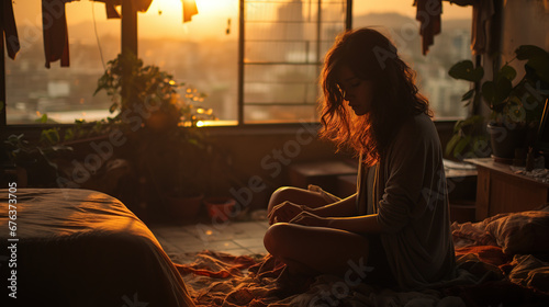 Silhouette of a young Asian woman feeling upset, sad, unhappy or disappointed and crying alone in her room.