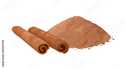 Cinnamon powder and cinnamon sticks isolated on white background. Vector cartoon flat illustration of fragrant spice.