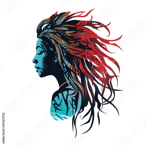 Simple graphic logo of girl with dreadlocks on white background.