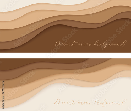 Desert waves and sand dunes form the theme of this two-banner set of paper art poster templates. The design features nude beige waves in a papercut style.
