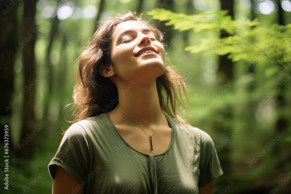 Generative AI portrait of overjoyed young woman spend day green forest feel good