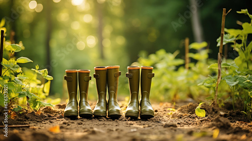 A row of family rubber boots neatly lined up after a day's work in the field. photo