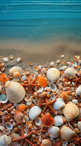 Realistic photo. summer banner with sea shells and sand on rustic wooden ground. AI generative