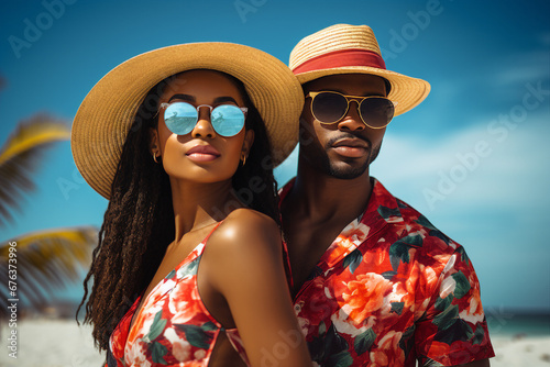 Generative AI picture portrait of a beautiful married people spending honeymoon anniversary on a tropical beach on a sunny day