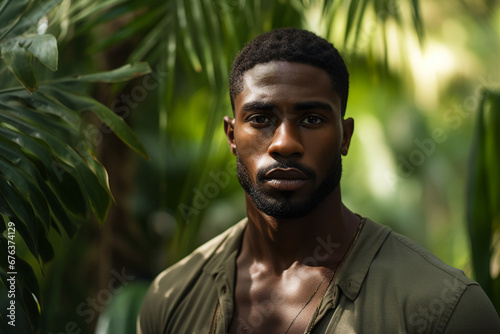 Fototapeta Naklejka Na Ścianę i Meble -  Generative AI image of handsome guy walking in green rainforest exploring nature