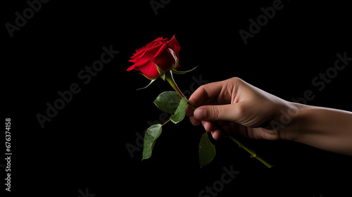 Hand holding single red rose flower on black background