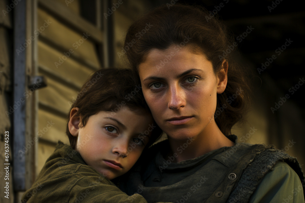 Image photo of scared mother hugging her child war conflict generative ai modern technology Image photo of scared mother hugging her child war conflict generative ai modern technology